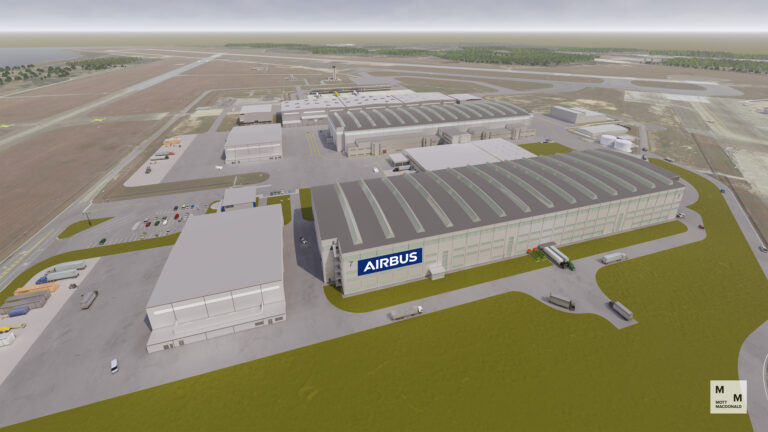 Aerial rendering of an Airbus 220 final assembly line industrial facility with multiple buildings and parking areas in Alabama.