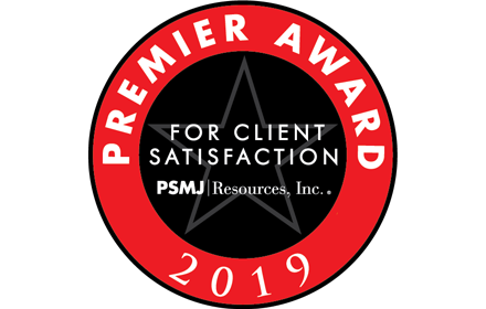 Premier award for client satisfaction by PSMJ Resources, Inc., presented to Brasfield & Gorrie - 2019.