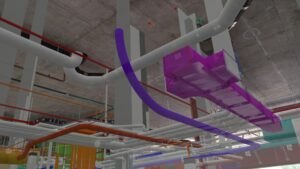 3D rendering of a building's MEP (mechanical, electrical, and plumbing) systems infrastructure showcases construction technology innovation.
