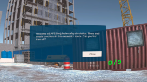 A screenshot from a job safety simulation game, powered by future construction technology, instructing players to identify nine unsafe conditions in a virtual excavation scene at a construction site.