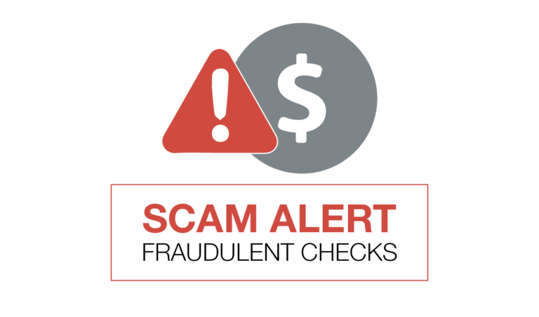 A scam alert warning about fraudulent checks, symbolized by an exclamation point and a dollar sign.