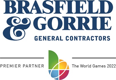 Logo of Brasfield & Gorrie, Official Construction Partner, indicating their status as a premier partner of the World Games 2022.