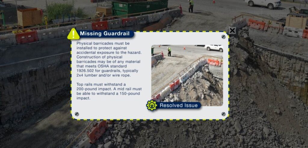 Road construction site with a highlighted safety issue of a missing guardrail that has been resolved through Project Site Awareness.