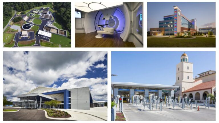 A collage showcasing various types of buildings including a healthcare facility by Brasfield & Gorrie, an MRI room, a modern hospital exterior, a building with a domed structure, a contemporary building entrance,