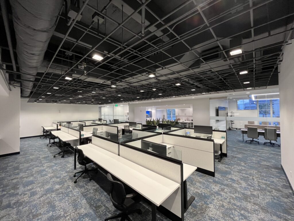 Modern office space with cubicles and ergonomic chairs, featuring an open ceiling design and blue carpet flooring.