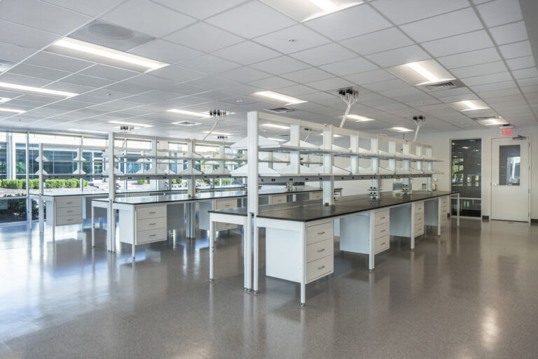 Modern laboratory with empty workbenches, storage cabinets, and overhead lighting, showcasing conversion success.