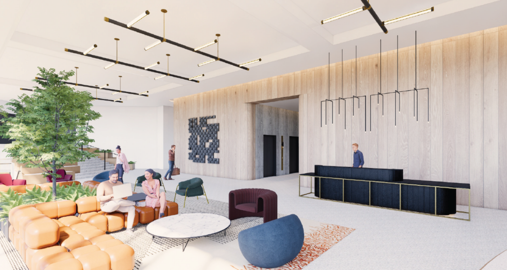 Spacious modern lobby with a mix of seating areas, wood paneling, pendant lighting, and greenery, while people engage in conversation. This inviting space is part of the Dallas Office Towers that Bras