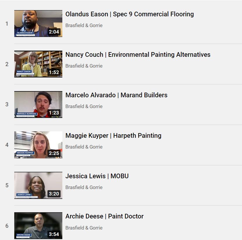Six video thumbnails featuring individual professionals with their names and company affiliations, each focusing on Supplier Diversity, with different video lengths indicated.