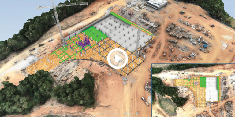Aerial view of a construction site with color-coded 4D scheduling planning overlay and inset image showing progress comparison.