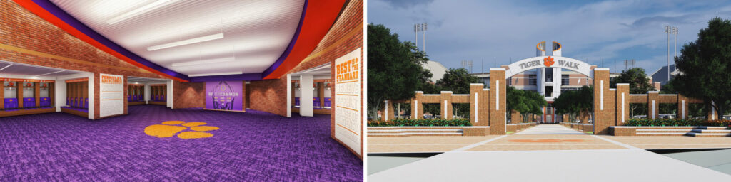 On the left, an indoor corridor with team colors and logos, suggesting a sports facility undergoing its second phase of renovations. On the right, an outdoor entrance to Clemson Football stadium with signage indicating "T