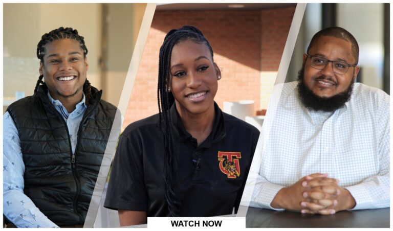 Three smiling HBCU grads in separate portraits, with a 