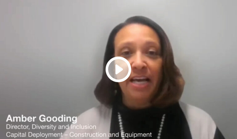 A woman named Amber Gooding, who is the director of diversity and inclusion for HCA Healthcare Capital Deployment in construction and equipment, is featured in a video presentation with a play button overlay.