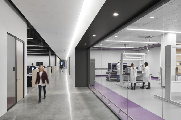 Commercial laboratory interior with workers and sleek design elements.
