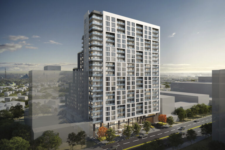 Rendering of a modern high-rise residential building with ground-floor retail space, set in an urban environment.