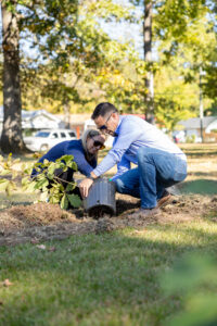 A man and a woman planting a small tree in a park on a sunny day, both wearing casual outfits and baseball caps