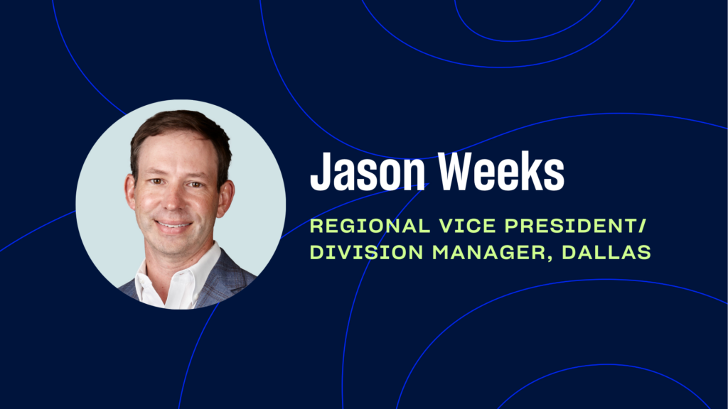 Portrait of a man in a suit with text: "Jason Weeks, Regional Vice President/Division Manager, Dallas," showcasing his executive leadership on a blue background with circular patterns.