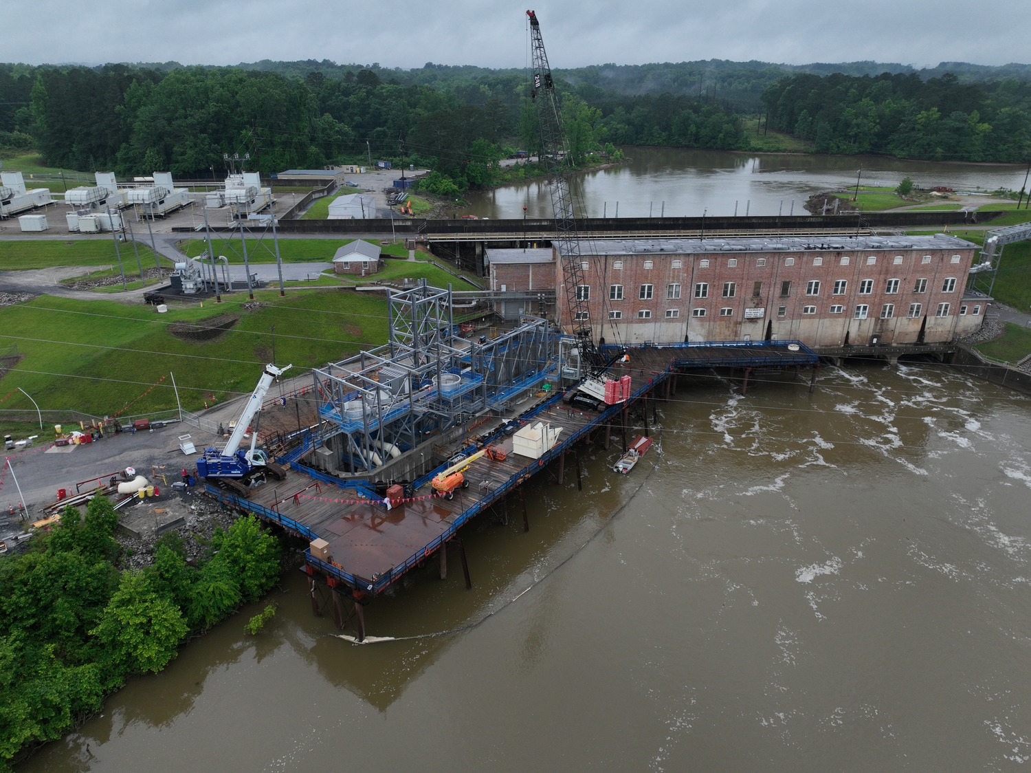 Drone image of exterior, in-progress construction of Blewett Falls Fish Passage