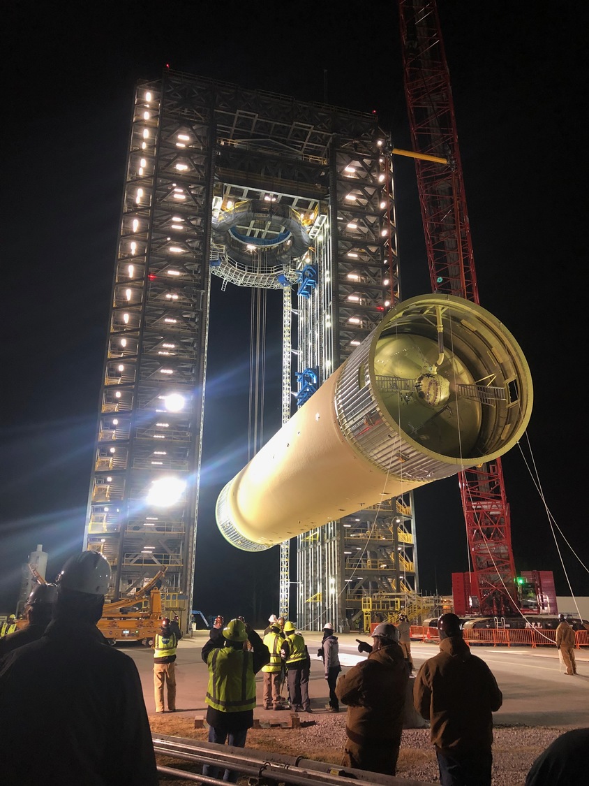CS LH2 STA is in the MSFC Test Stand
 
1/15/2019 - the Core Stage LH2 STA was successfully lifted and installed into the test stand.  It was a little cold but so worth it.  It was spectacular!  
 
A huge thanks to the MSFC transportation crew, Engineering test lab, GSE team and Stages NASA and Boeing team for another flawless event.  
 
We are in the process of securing 192 bolts attaching the lift ring to the stand.  Some time on Tuesday day shift we should be completely torqued.  
 Julie Bassler
SLS Stages Element Manager
MSFC, AL
256-544-1430

NASA recently loaded a liquid hydrogen test tank for Americaâ€™s new deep space rocket, the Space Launch System (SLS), into test stands at the Marshall Space Flight Center in Huntsville. The SLS is the most powerful rocket ever built! The tank will hold more than 500,000 gallons of liquid hydrogen and, when combined with liquid oxygen, the fuels produce a powerful combustion thrust to launch the SLS into our solar system. We completed construction of the test stands used for this test in 2016.