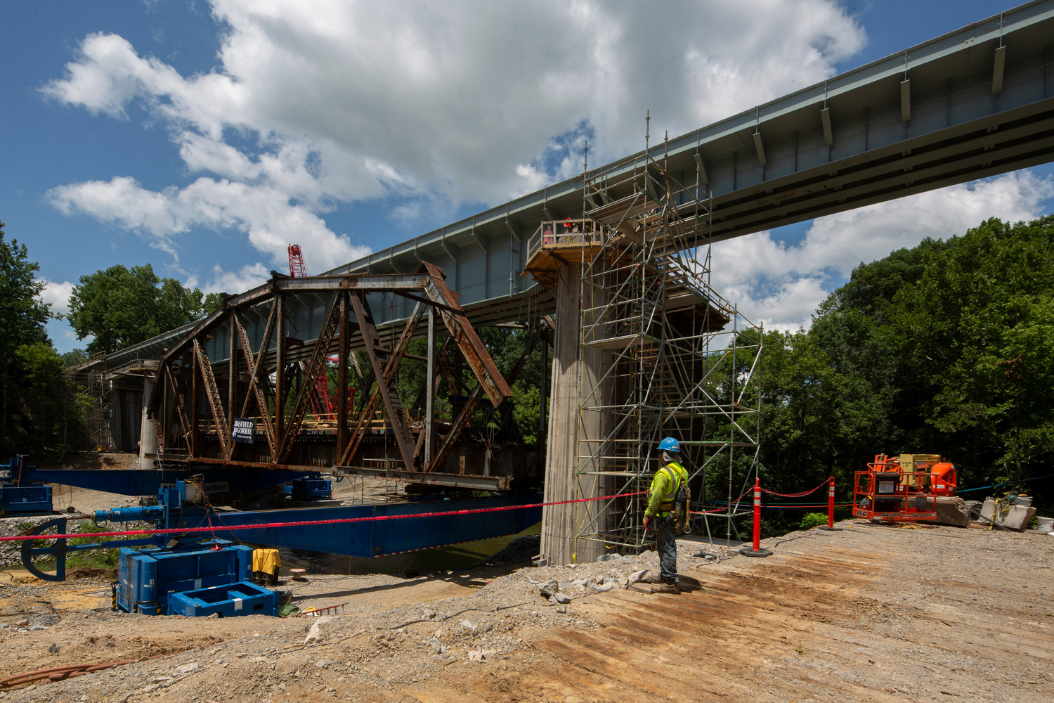 Railroad span replacement, changeout; new span in place, old span below to be removed