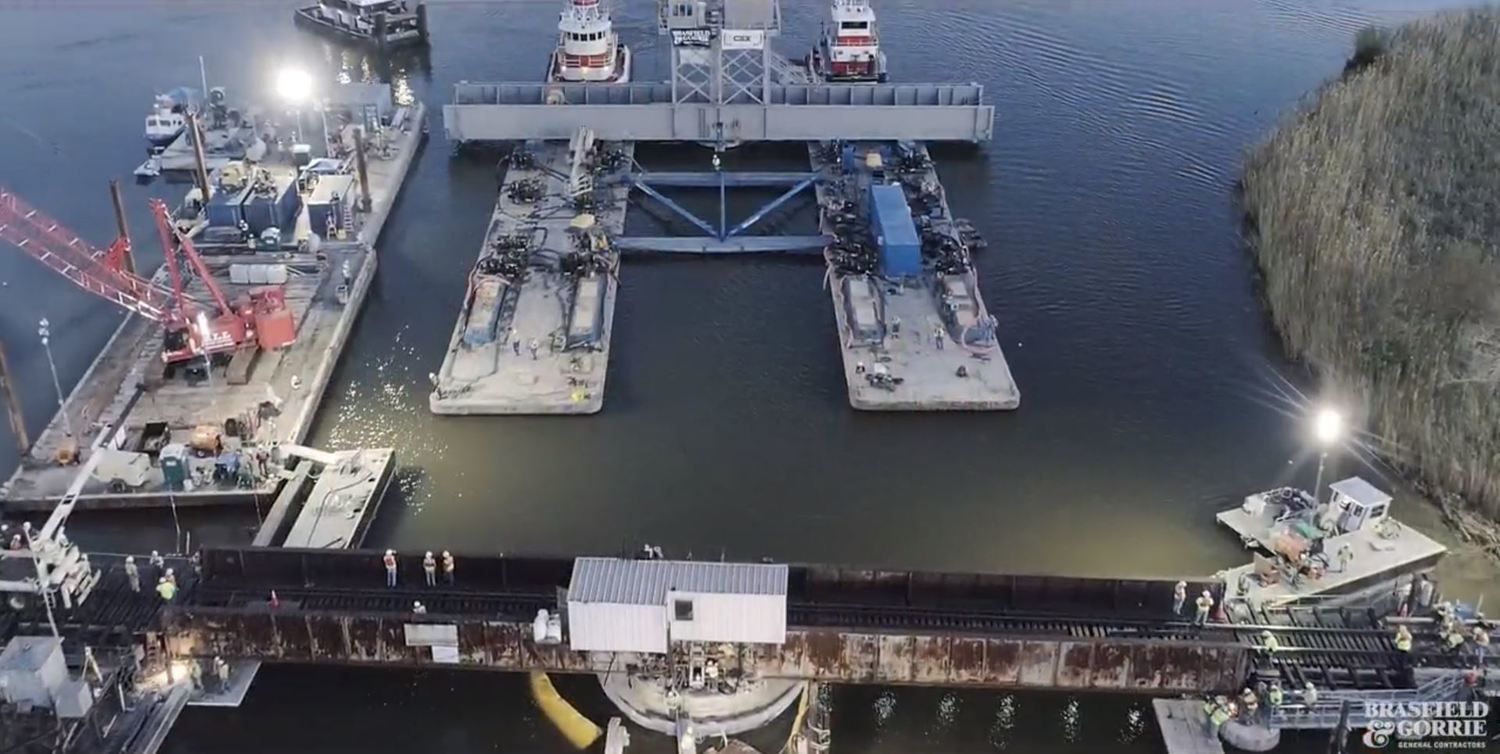 Barges approaching to remove the old swing span. Screen shot from drone video footage